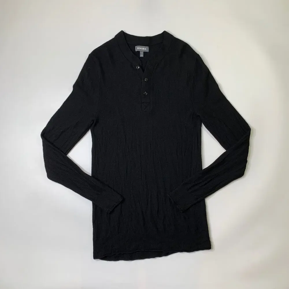 Bonobos Sweater Mens L Large Black Merino Wool Henley SLIM Fit Knit Pullover